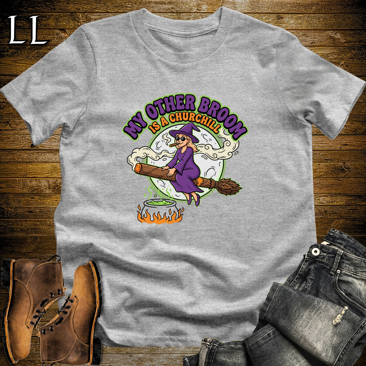 My Other Broom Is a Churchill Witch Moon Cigar White Woman T-Shirt Sport Grey | Witch Cigar Tee