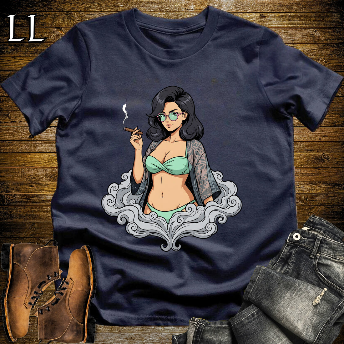Candela's Smoke Break Cigar Girl T-Shirt Navy | Cigar Pin-Up Girl Tee