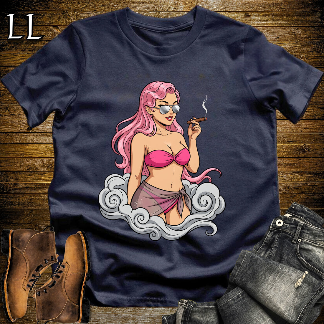 Rosa's Smoke Break Cigar Girl T-Shirt Navy | Cigar Pin-Up Girl Tee
