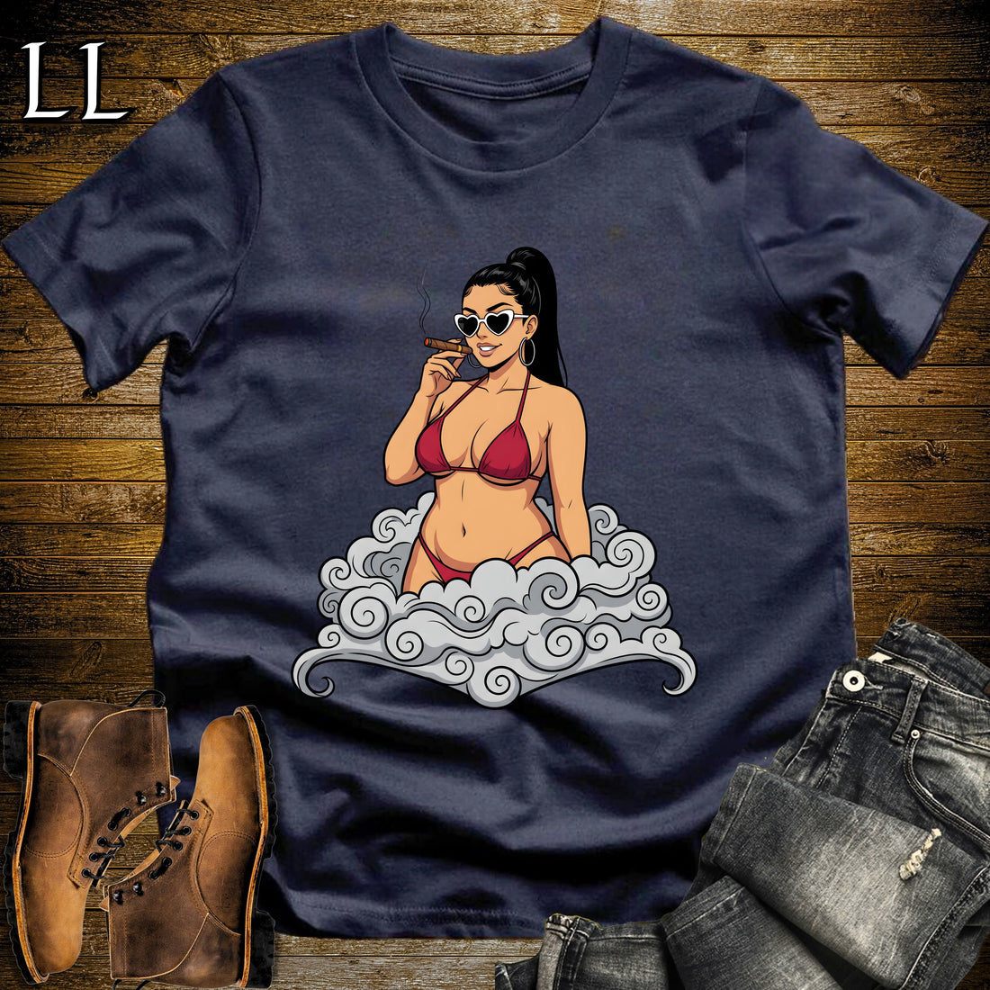 Valentina's Smoke Break Cigar Girl T-Shirt Navy | Cigar Pin-Up Girl Tee