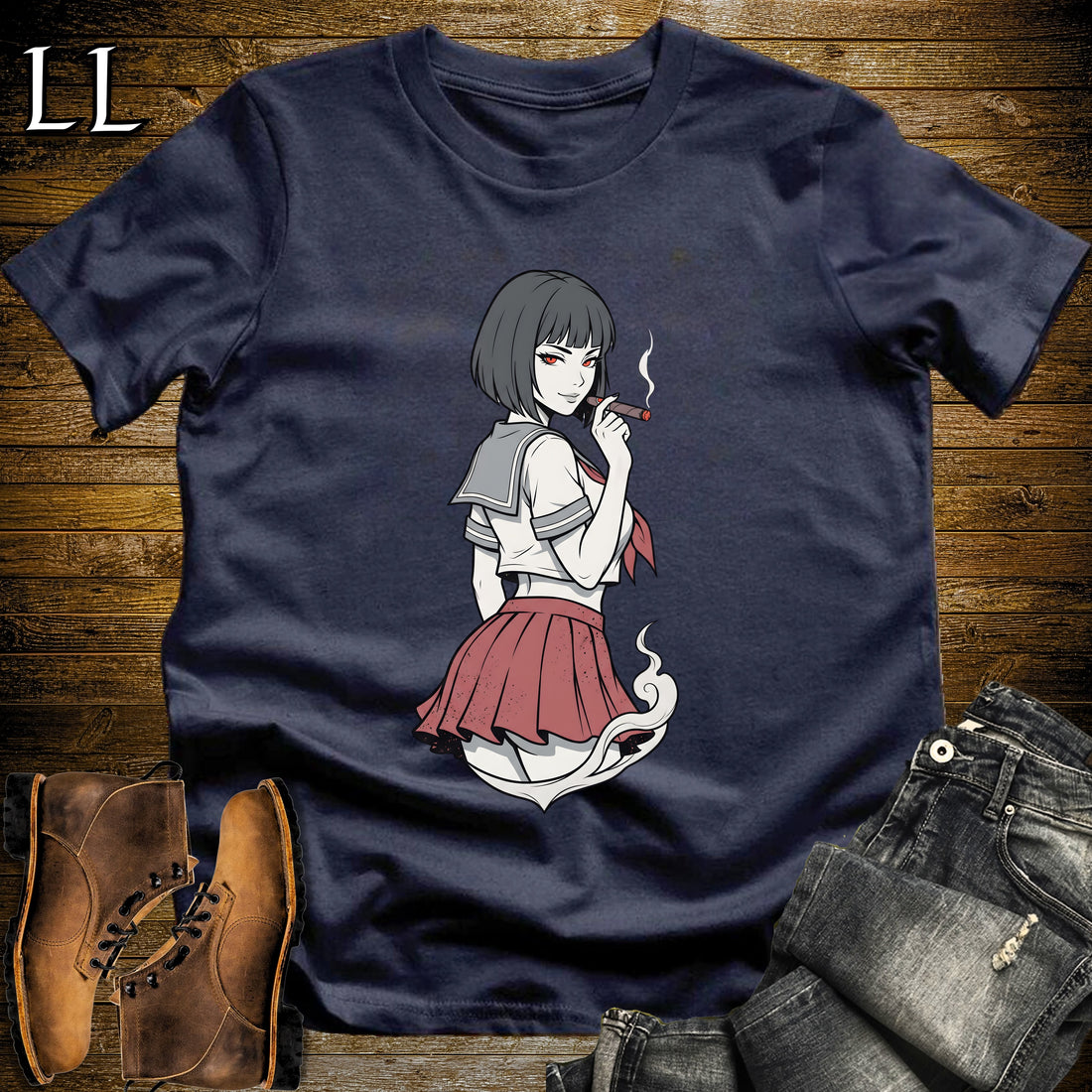 Sakura's Smoke Break Cigar Girl T-Shirt Navy | Cigar Pin-Up Girl Tee