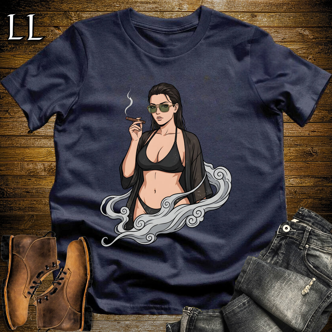 Oscura's Smoke Break Cigar Girl T-Shirt Navy | Cigar Pin-Up Girl Tee