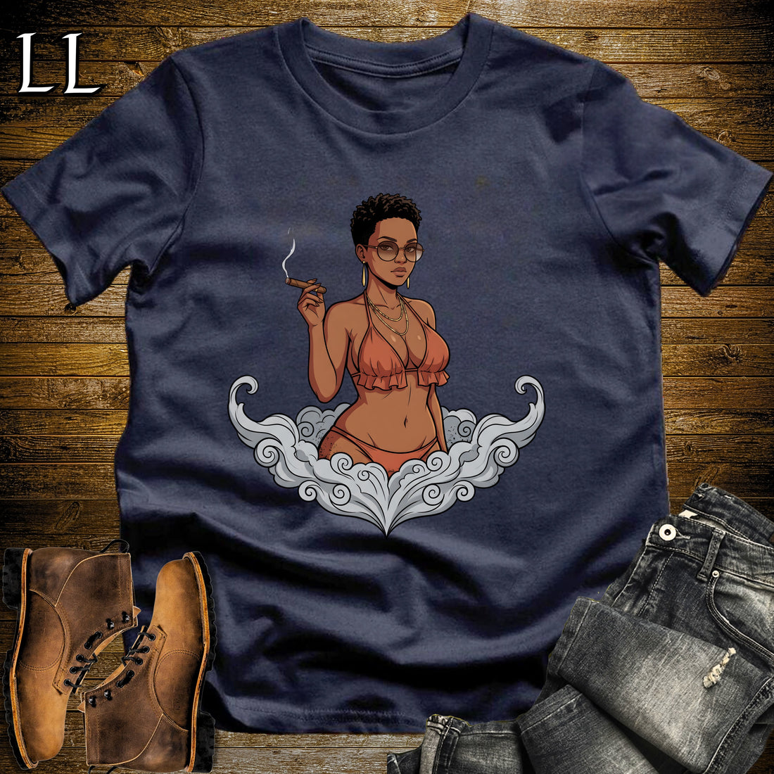Sienna's Smoke Break Cigar Girl T-Shirt Navy | Cigar Pin-Up Girl Tee