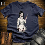 Clara's Smoke Break Cigar Girl T-Shirt Navy | Cigar Pin-Up Girl Tee