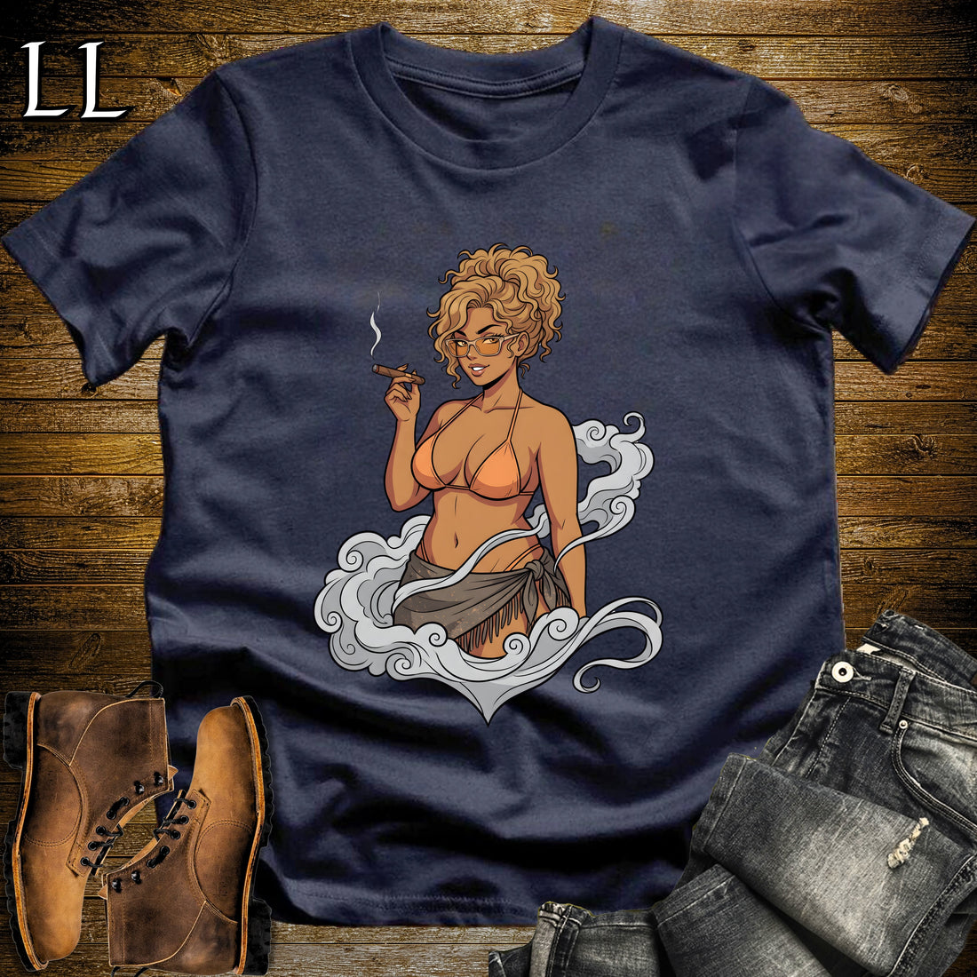 Aurelia's Smoke Break Cigar Girl T-Shirt Navy | Cigar Pin-Up Girl Tee