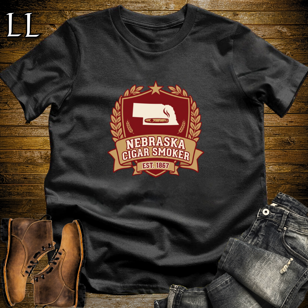 Nebraska Cigar Smoker Shield T-Shirt Black | State Cigar Crest Shirt