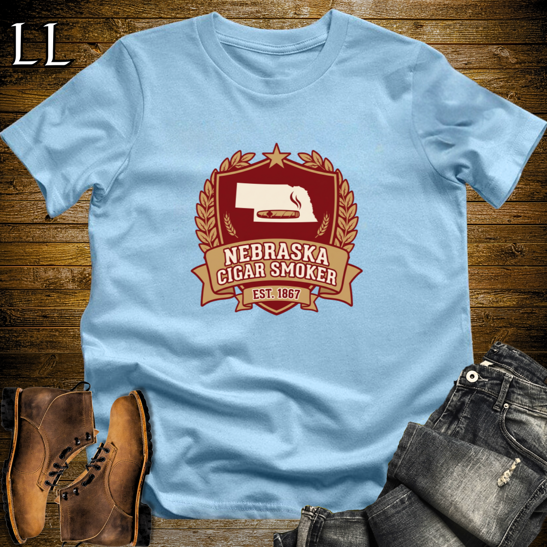 Nebraska Cigar Smoker Shield T-Shirt Light Blue | State Cigar Crest Shirt