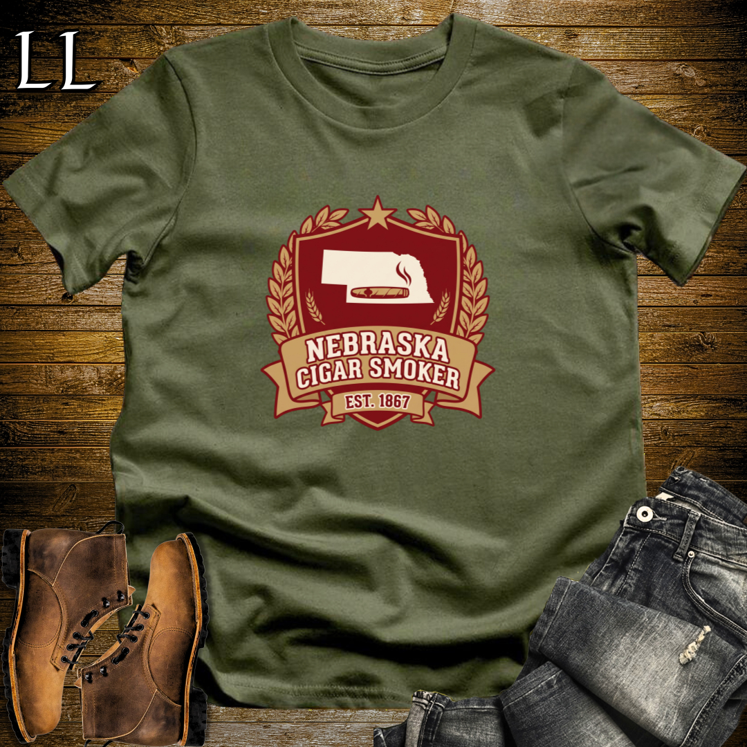 Nebraska Cigar Smoker Shield T-Shirt Military Green | State Cigar Crest Shirt