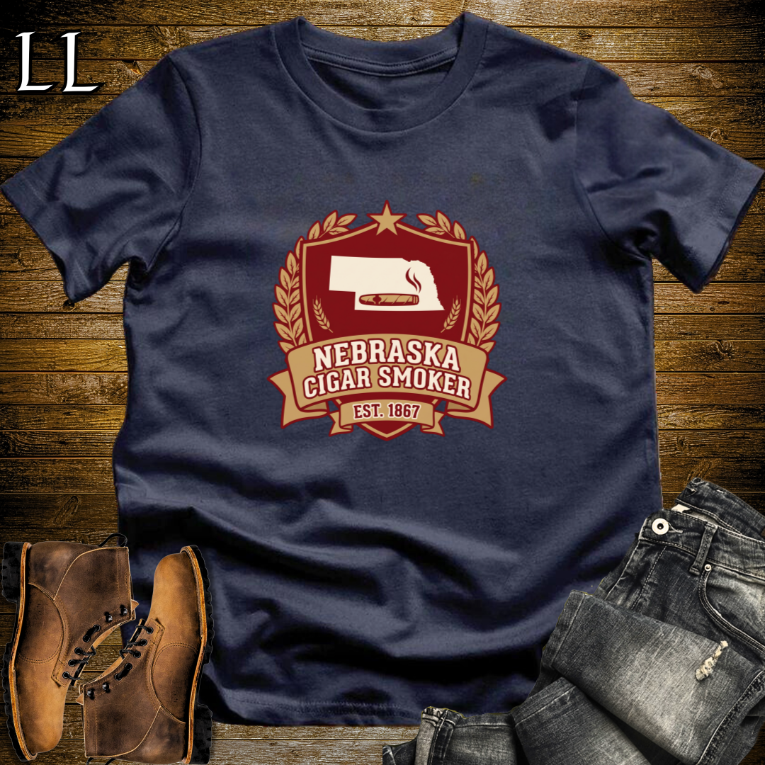 Nebraska Cigar Smoker Shield T-Shirt Navy | State Cigar Crest Shirt