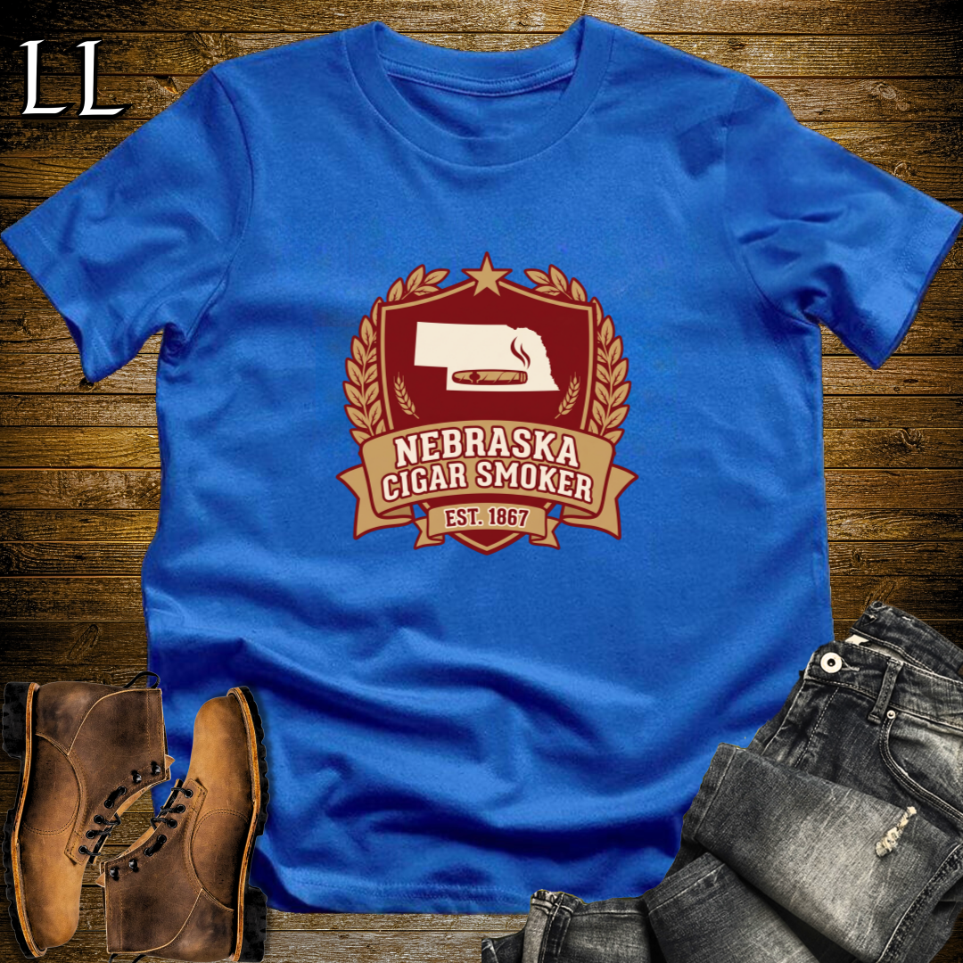 Nebraska Cigar Smoker Shield T-Shirt Royal Blue | State Cigar Crest Shirt