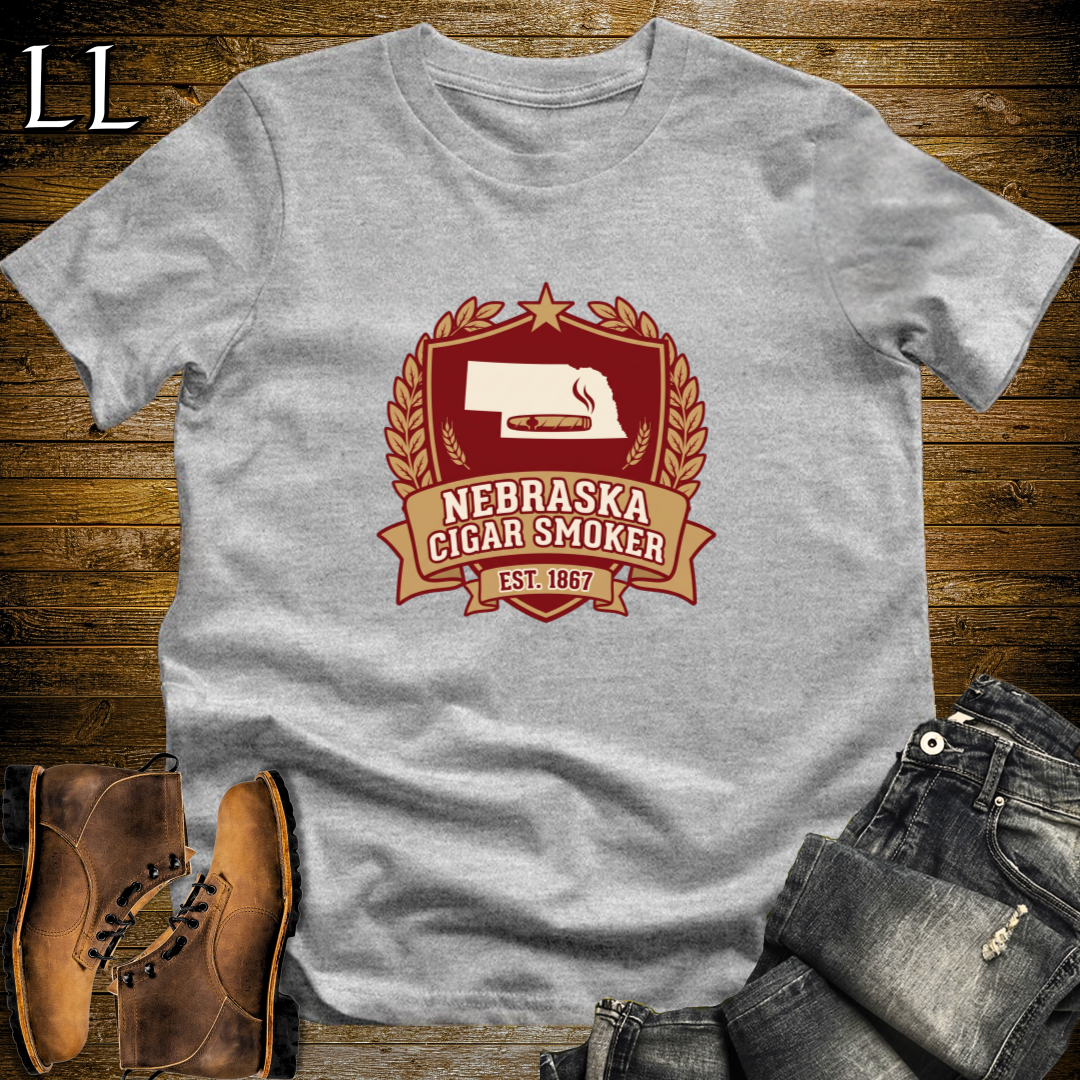 Nebraska Cigar Smoker Shield T-Shirt Sport Grey | State Cigar Crest Shirt