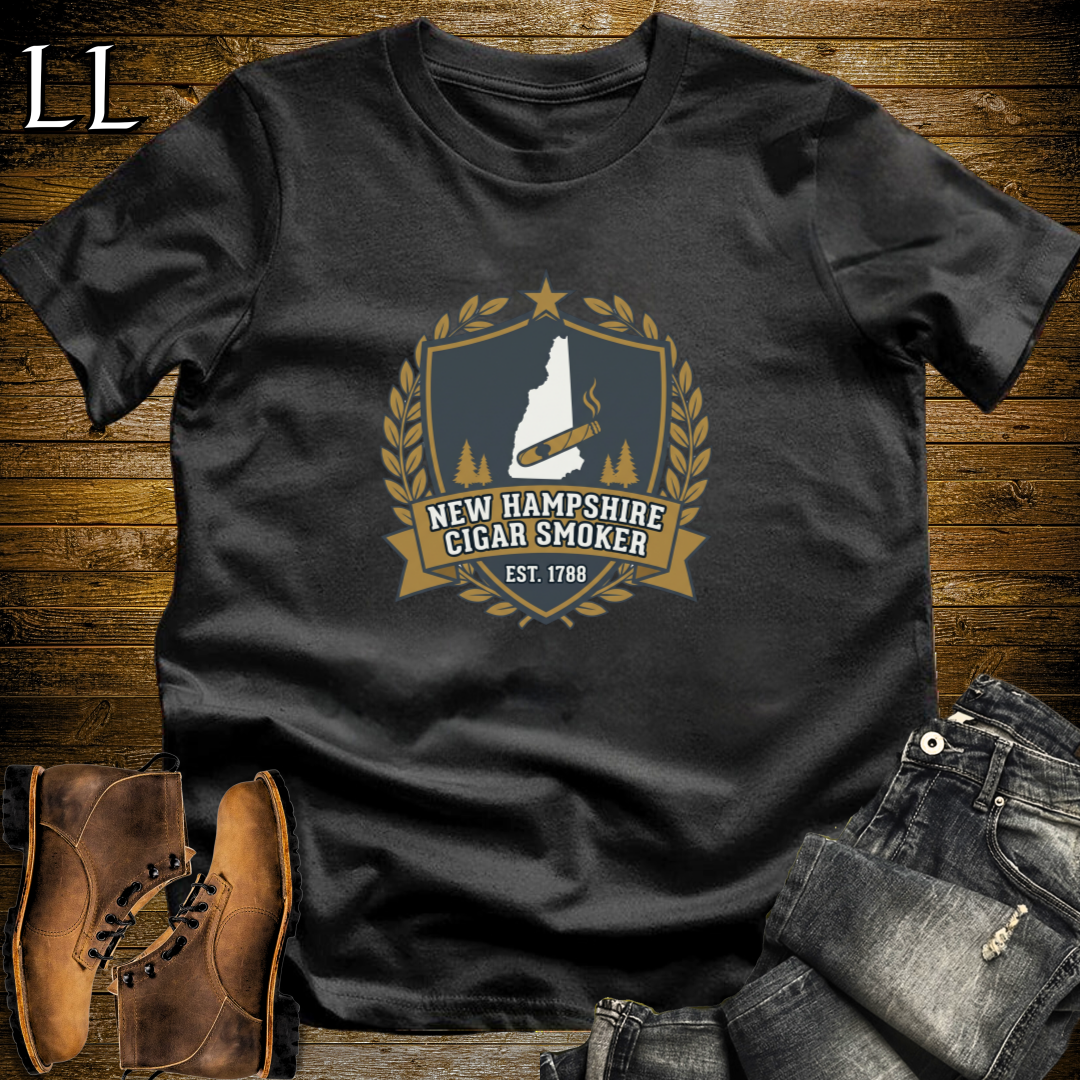 New Hampshire Cigar Smoker Shield T-Shirt Black | Live Free Cigar Crest Tee