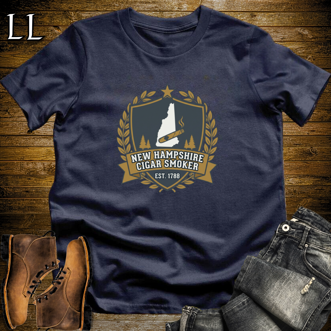 New Hampshire Cigar Smoker Shield T-Shirt Navy | Live Free Cigar Crest Tee