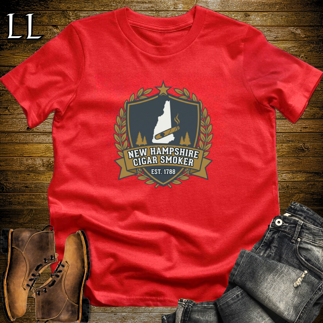 New Hampshire Cigar Smoker Shield T-Shirt Red | Live Free Cigar Crest Tee
