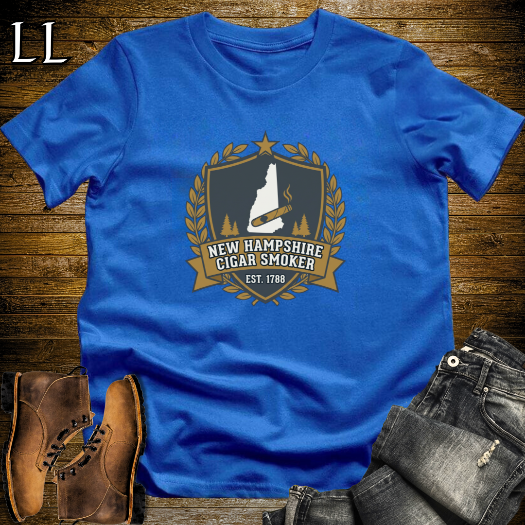 New Hampshire Cigar Smoker Shield T-Shirt Royal Blue | Live Free Cigar Crest Tee