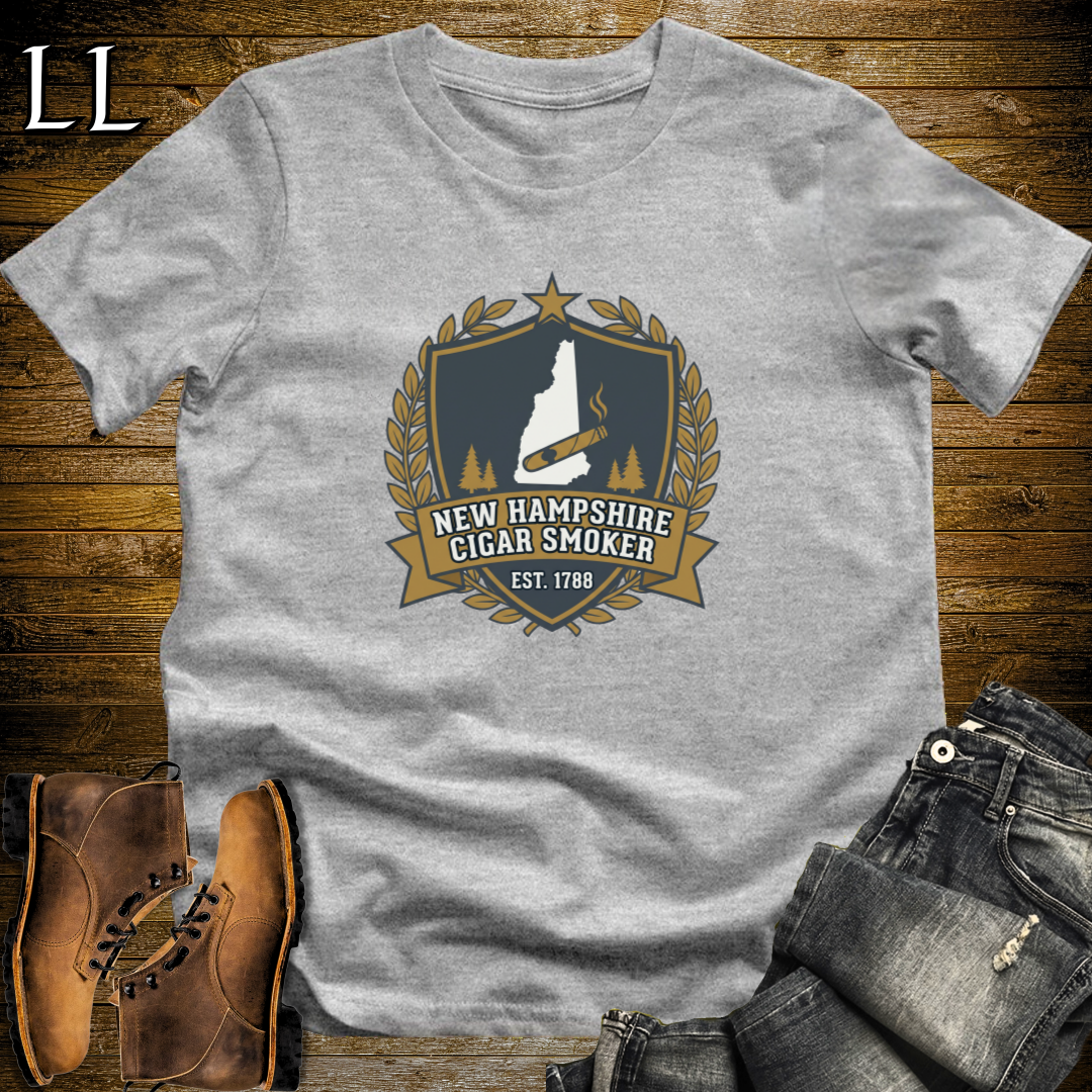 New Hampshire Cigar Smoker Shield T-Shirt Sport Grey | Live Free Cigar Crest Tee