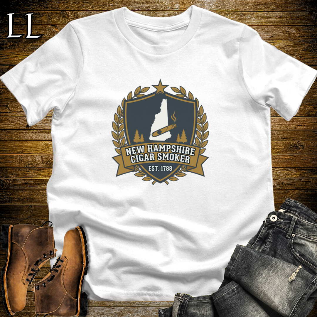New Hampshire Cigar Smoker Shield T-Shirt White | Live Free Cigar Crest Tee