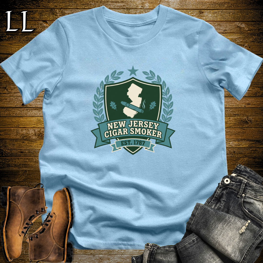 New Jersey Cigar Smoker Shield T-Shirt Light Blue | New Jersey Cigar Crest Gift Tee
