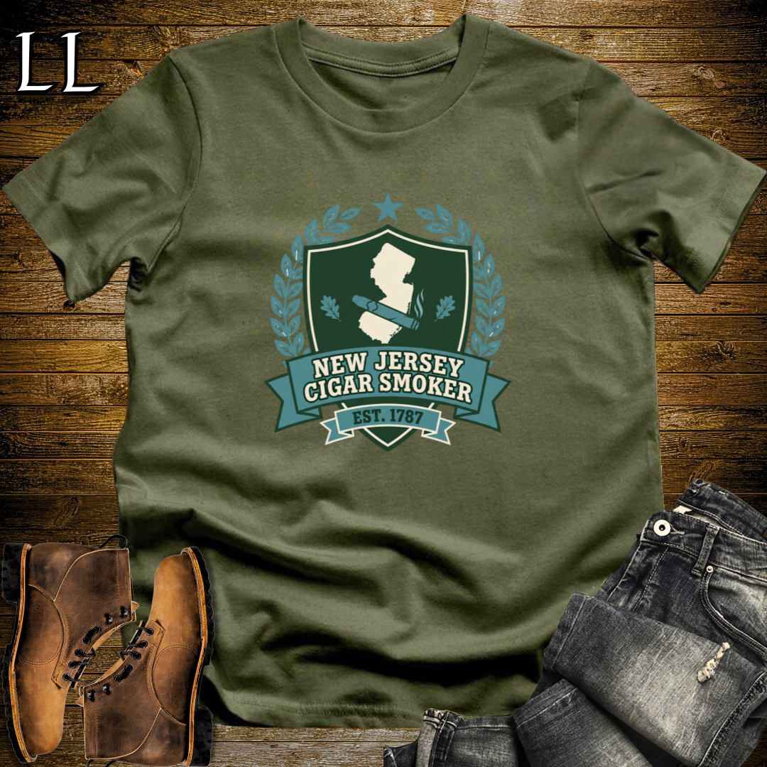 New Jersey Cigar Smoker Shield T-Shirt Military Green | New Jersey Cigar Crest Gift Tee