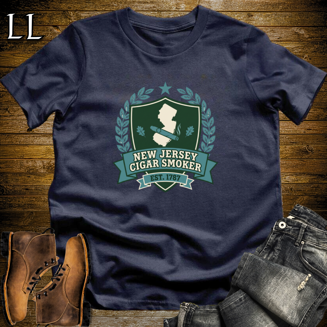New Jersey Cigar Smoker Shield T-Shirt Navy | New Jersey Cigar Crest Gift Tee