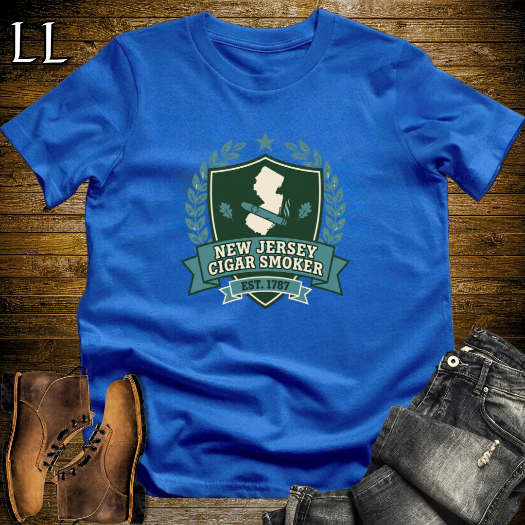 New Jersey Cigar Smoker Shield T-Shirt Royal Blue | New Jersey Cigar Crest Gift Tee