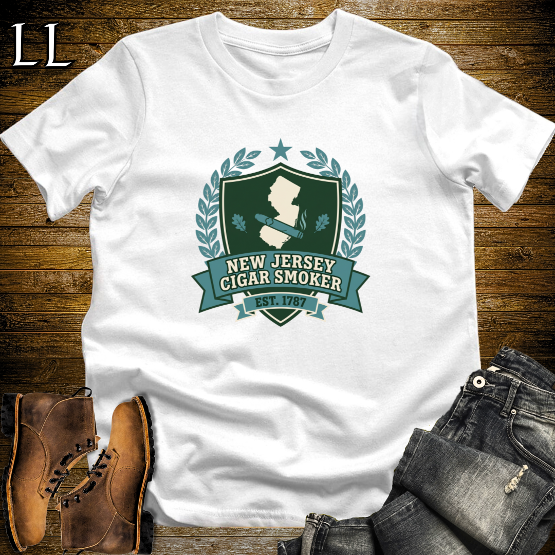 New Jersey Cigar Smoker Shield T-Shirt White | New Jersey Cigar Crest Gift Tee