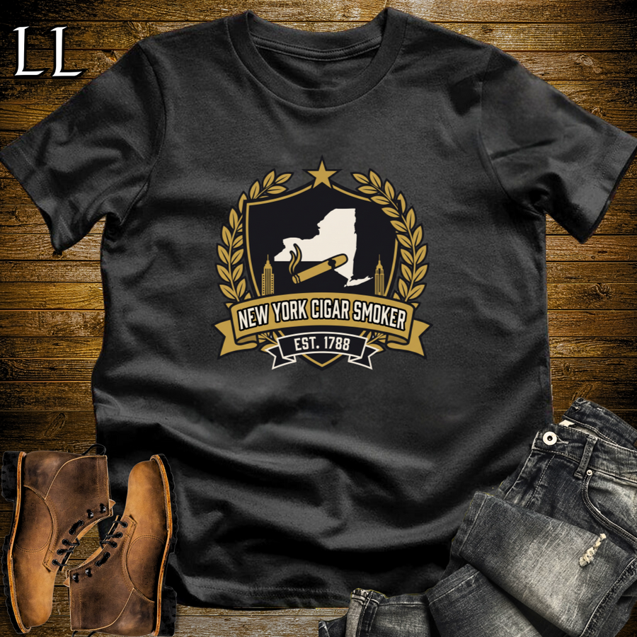 New York Cigar Smoker Shield T-Shirt Black | New York Cigar Crest Gift Tee