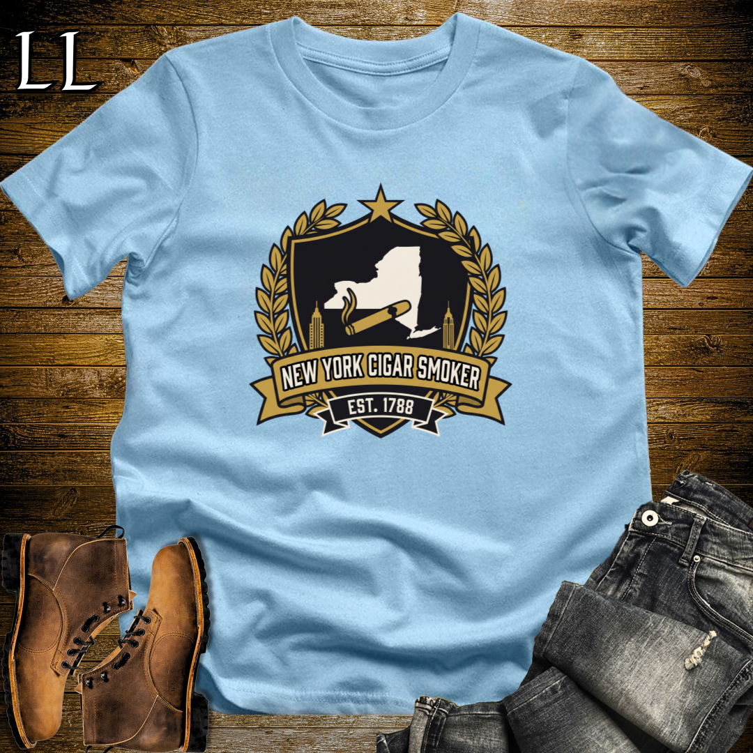 New York Cigar Smoker Shield T-Shirt Light Blue | New York Cigar Crest Gift Tee