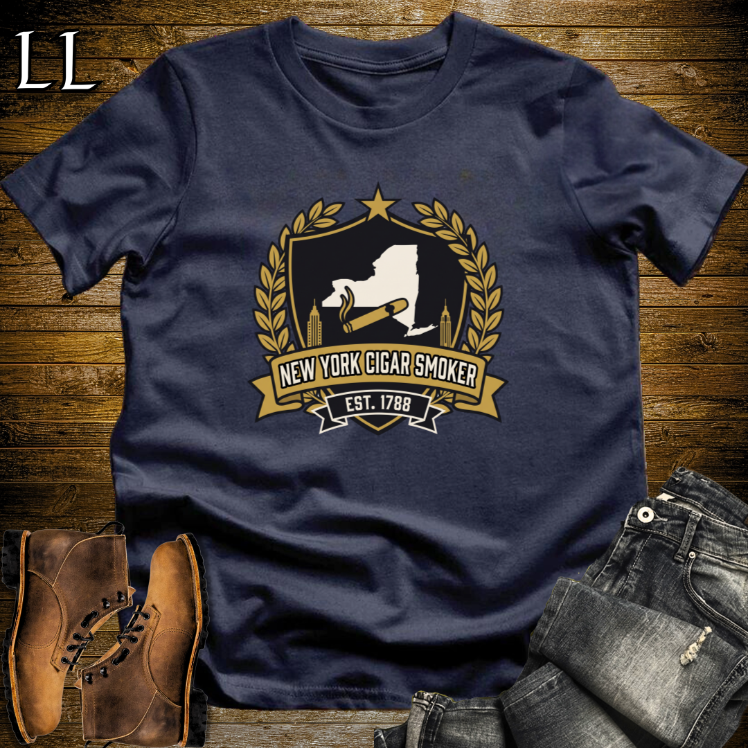 New York Cigar Smoker Shield T-Shirt Navy | New York Cigar Crest Gift Tee