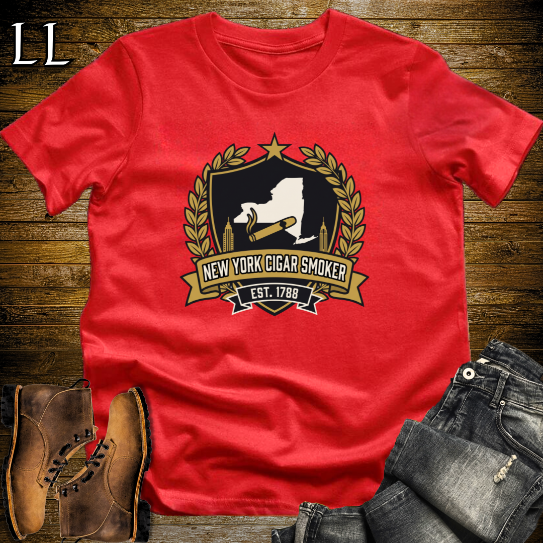 New York Cigar Smoker Shield T-Shirt Red | New York Cigar Crest Gift Tee