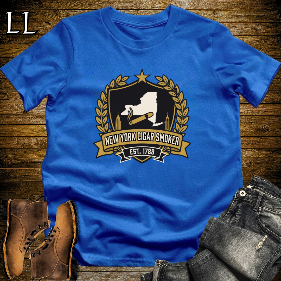 New York Cigar Smoker Shield T-Shirt Royal Blue | New York Cigar Crest Gift Tee