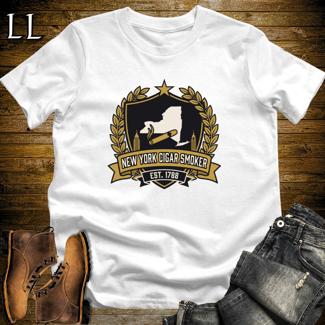 New York Cigar Smoker Shield T-Shirt White | New York Cigar Crest Gift Tee