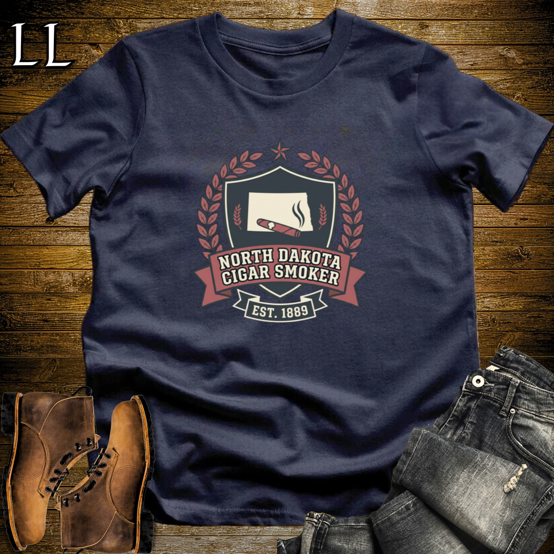 North Dakota Cigar Smoker Shield T-Shirt Navy | North Dakota Cigar Shield Tee