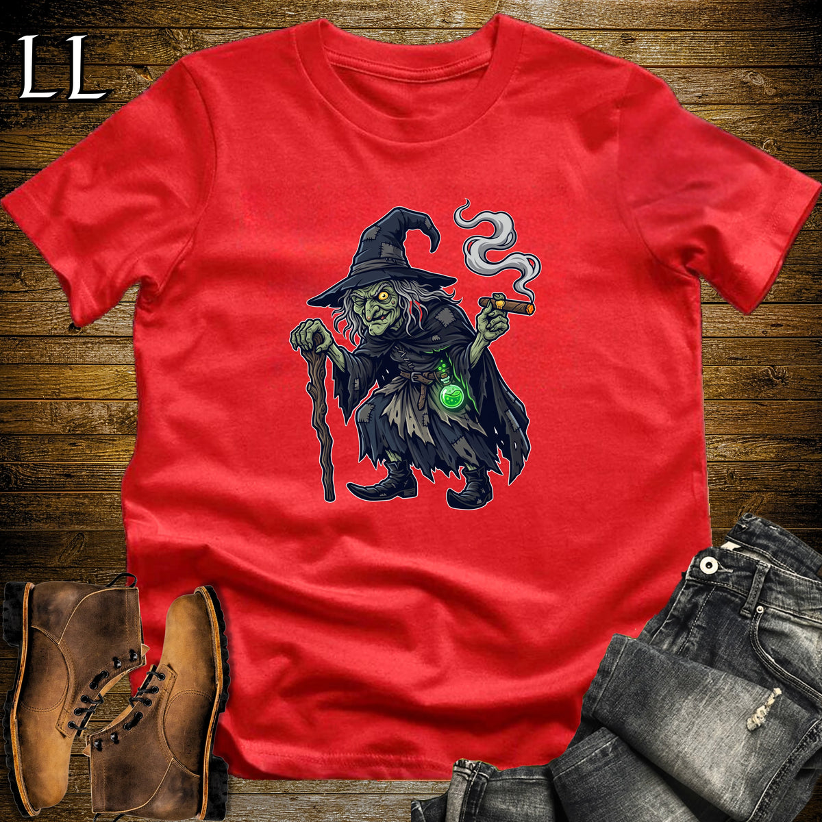 Old Crone Witch Potion Cigar T-Shirt Red | Witch Potion Cigar Tee