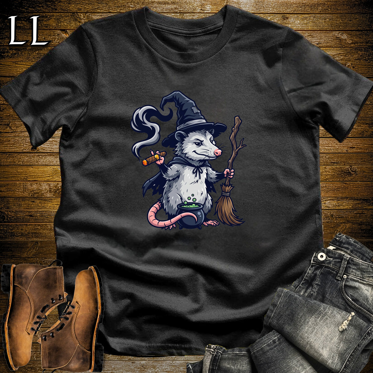 Opossum Witch Cauldron Cigar T-Shirt Black | Opossum Witch Cigar Tee