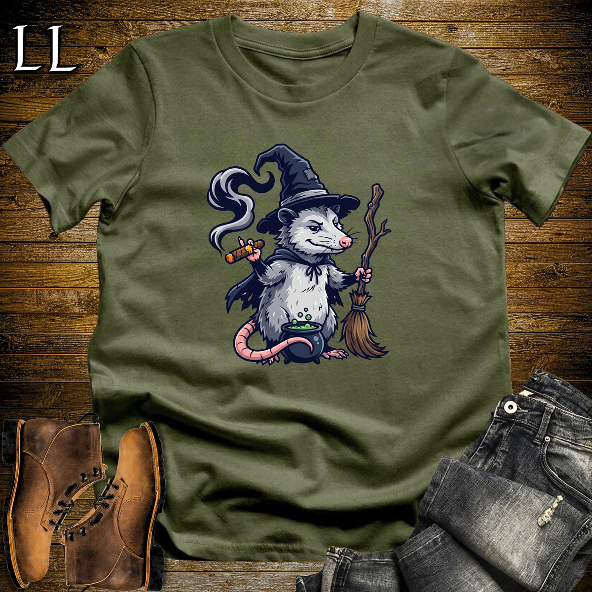 Opossum Witch Cauldron Cigar T-Shirt Military Green | Opossum Witch Cigar Tee