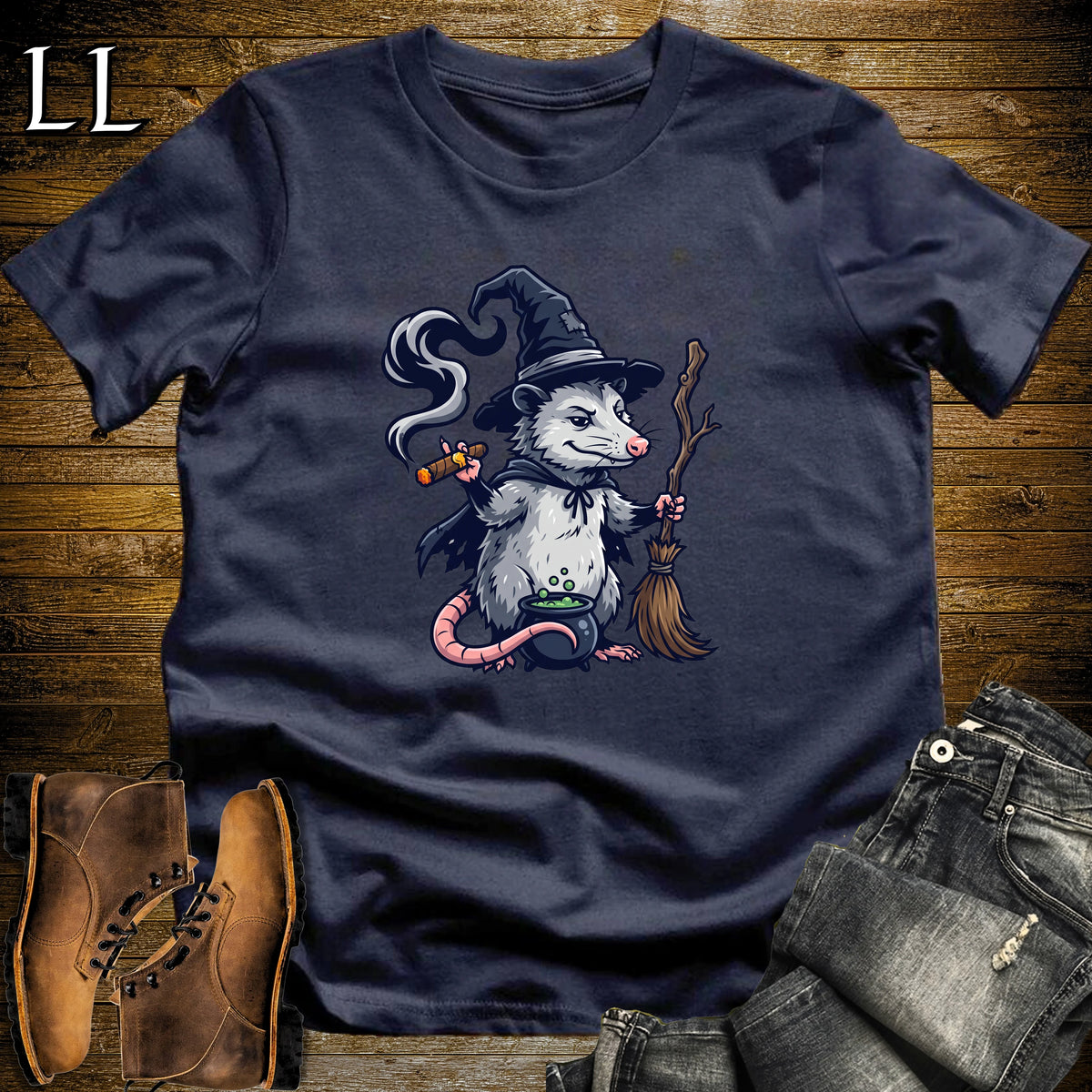 Opossum Witch Cauldron Cigar T-Shirt Navy | Opossum Witch Cigar Tee