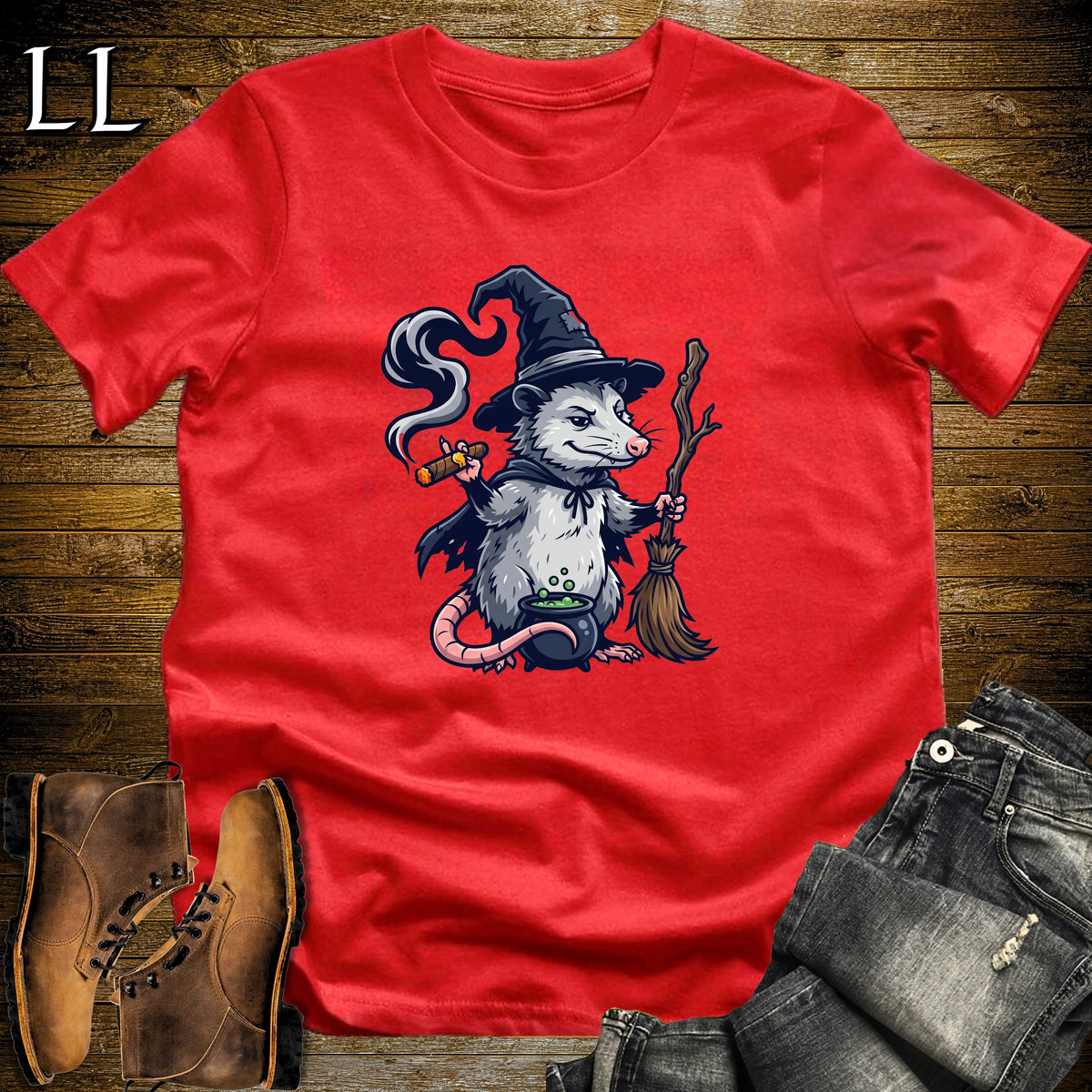 Opossum Witch Cauldron Cigar T-Shirt Red | Opossum Witch Cigar Tee