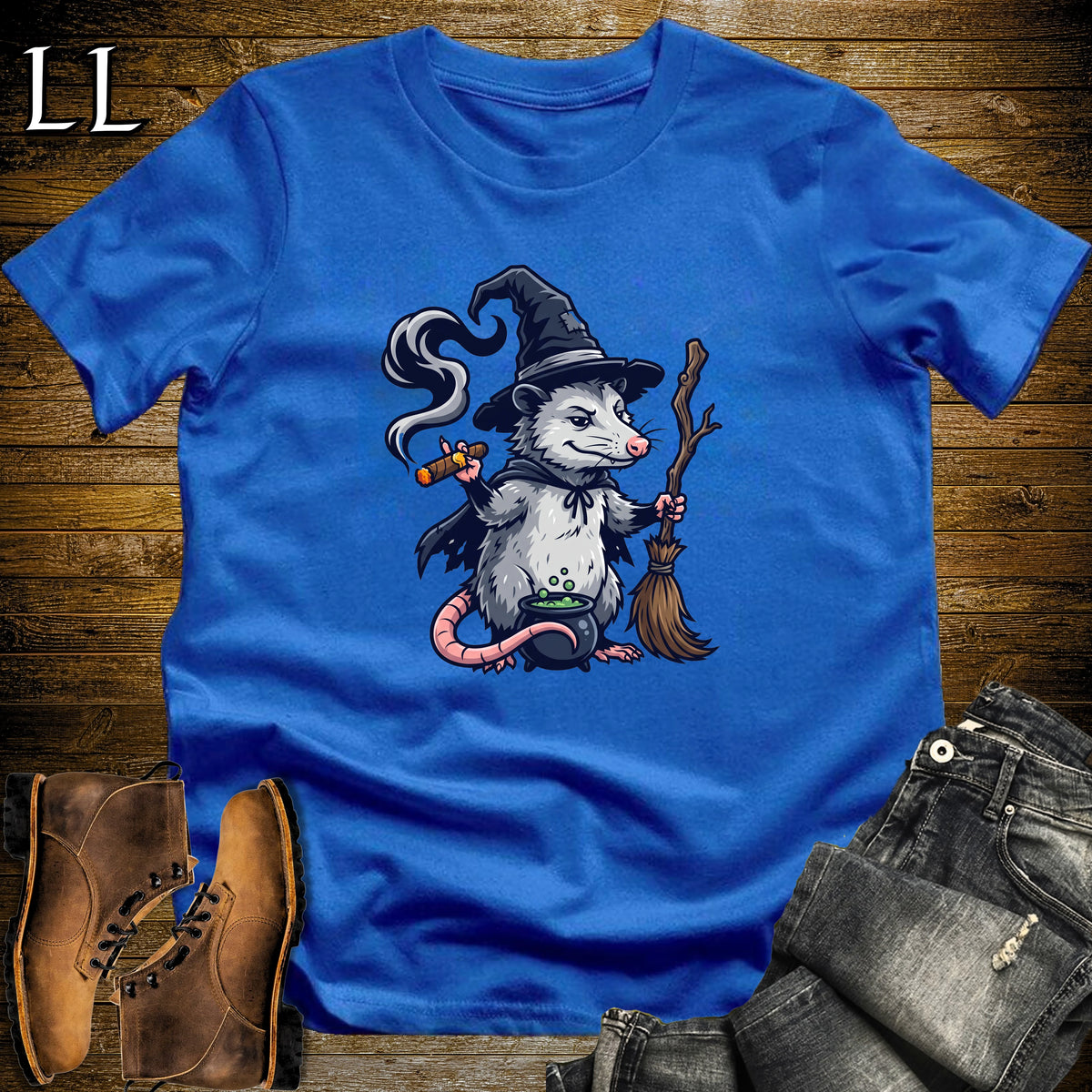 Opossum Witch Cauldron Cigar T-Shirt Royal | Opossum Witch Cigar Tee