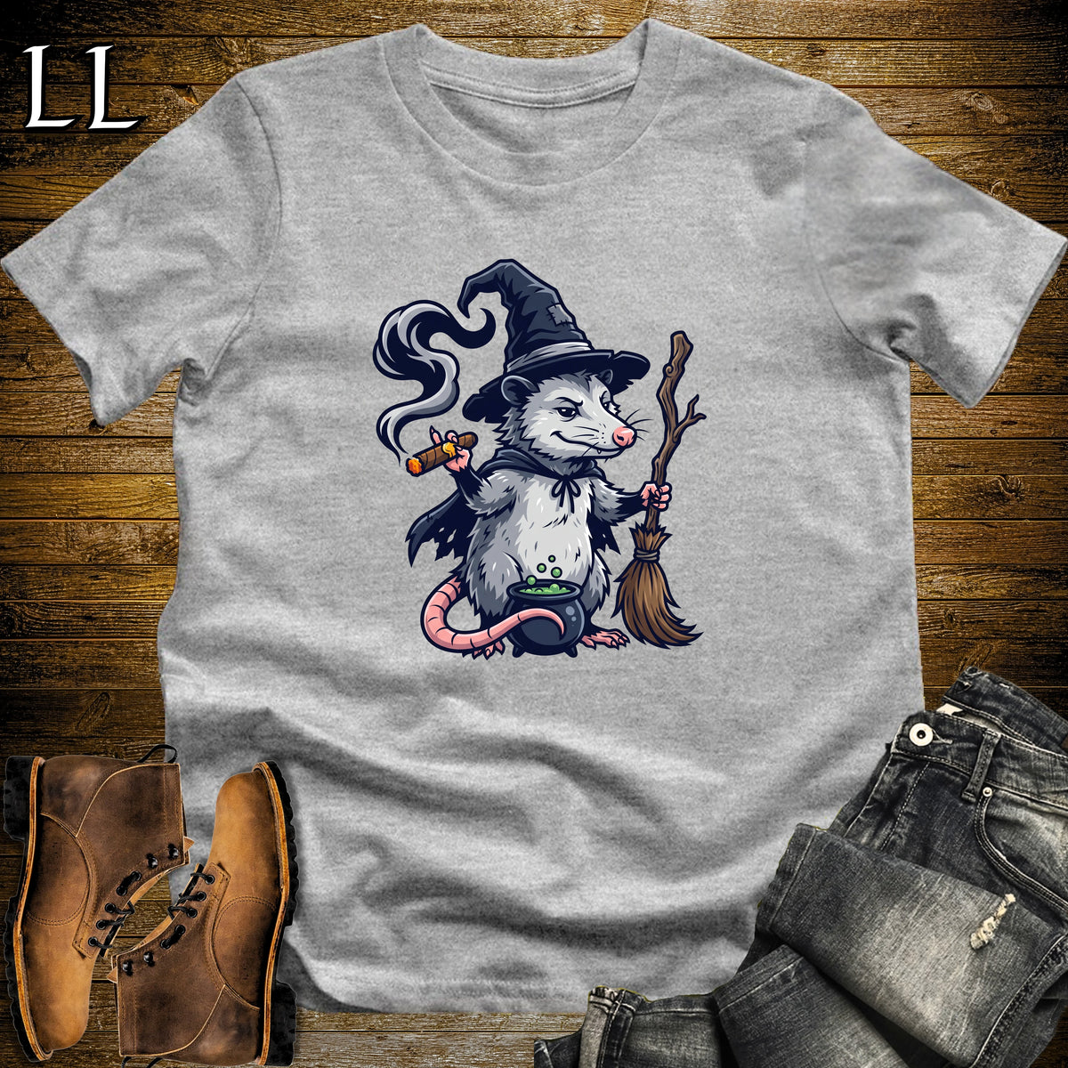 Opossum Witch Cauldron Cigar T-Shirt Sport Grey | Opossum Witch Cigar Tee
