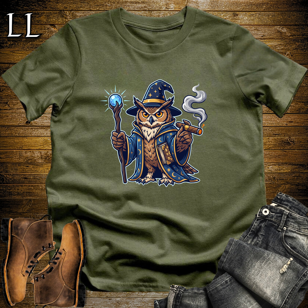 Owl Wizard Spellbook Cigar T-Shirt Military Green | Owl Wizard Cigar Tee