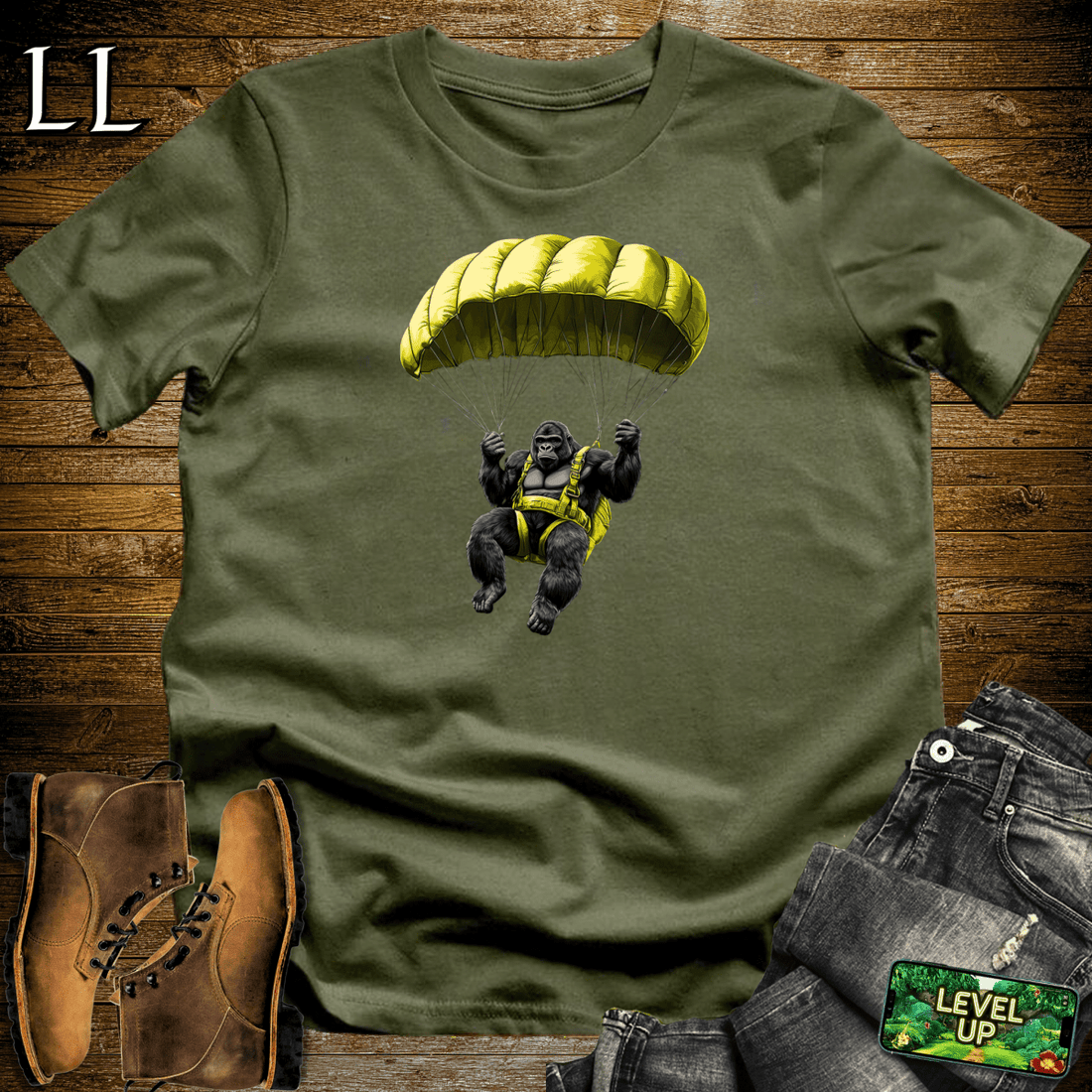 Parachute Gorilla Softstyle Tee Military Green | Skydive Gift Tee