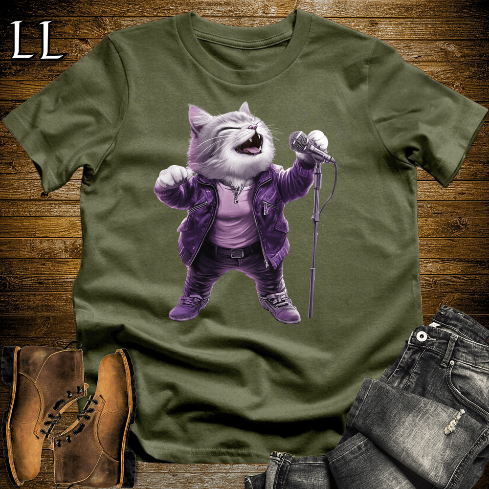 Party Animal Karaoke Cat Military Green | Party Animal Tee