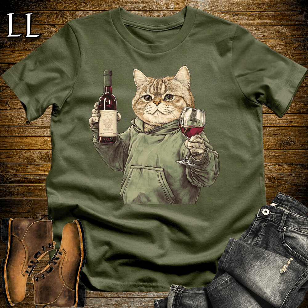 Party Animal Wine Night Cat Military Green | Party Animal Tee