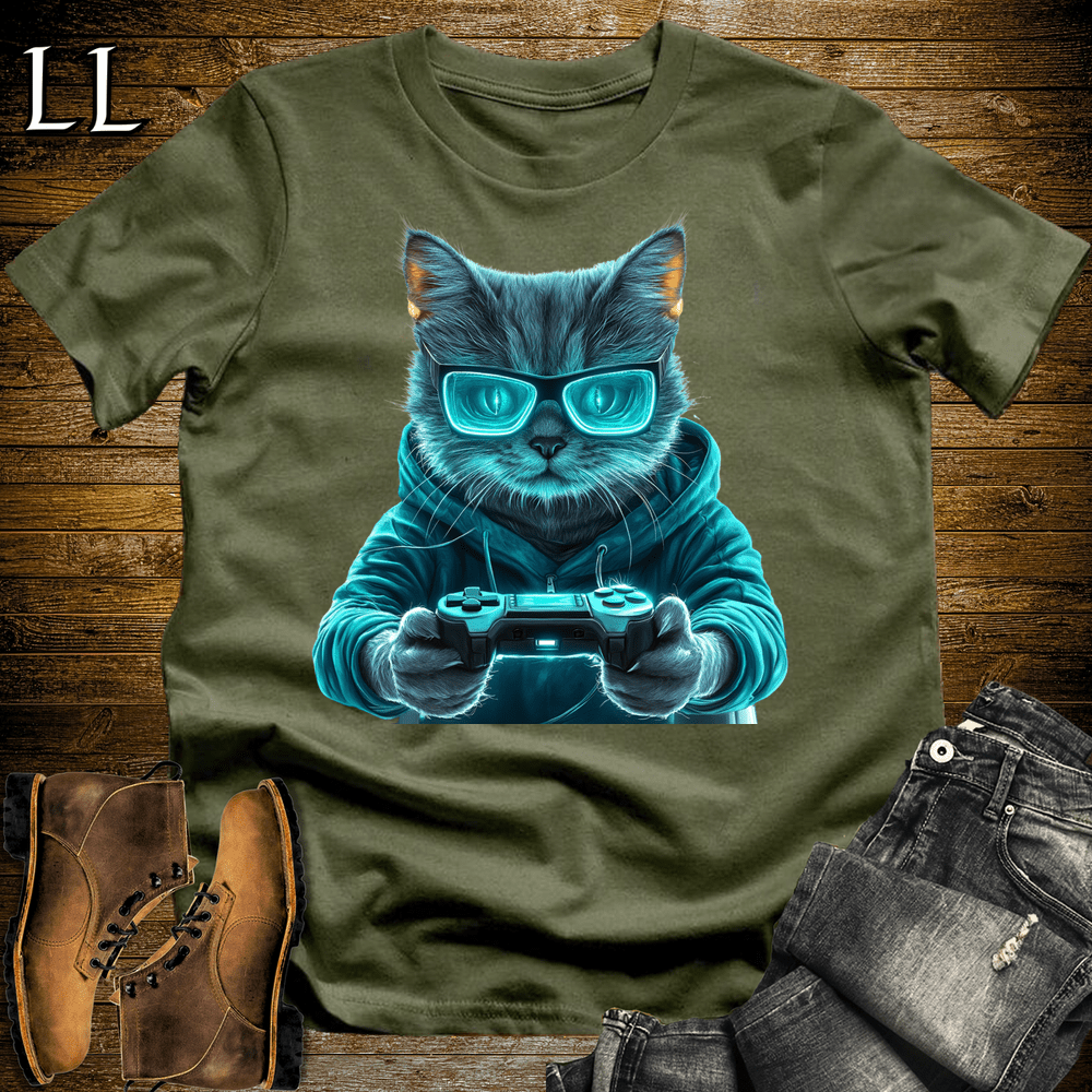 Party Animals Gaming Night Cat Military Green | Party Animal Tee
