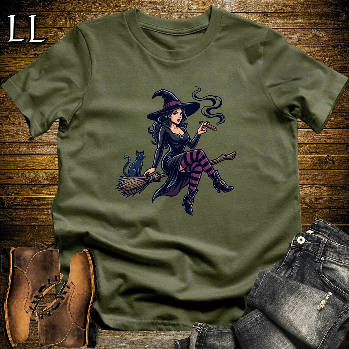 Pin-Up Witch Morgana Cigar T-Shirt Military Green | Halloween Cigar Shirt