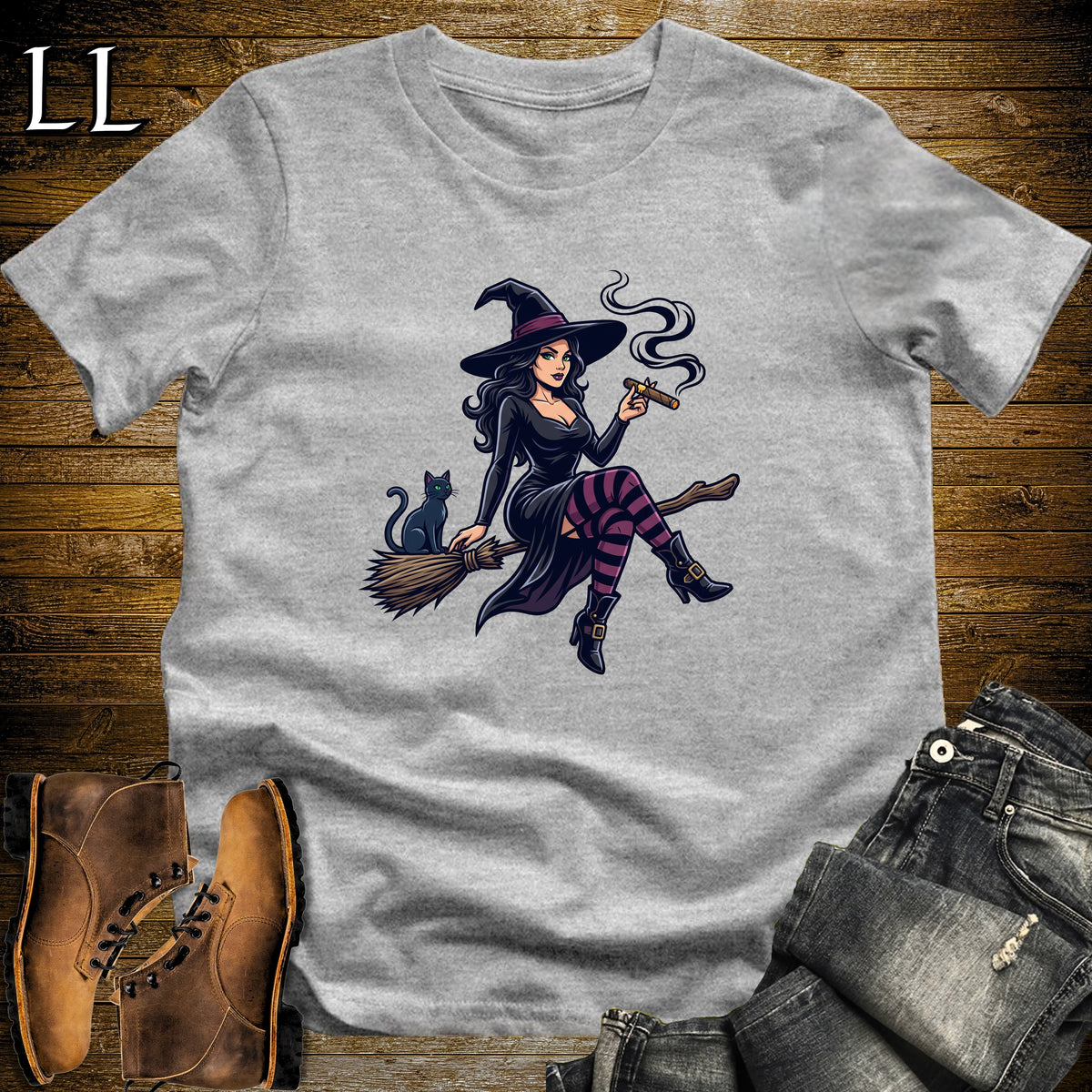 Pin-Up Witch Morgana Cigar T-Shirt Sport Grey | Halloween Cigar Shirt