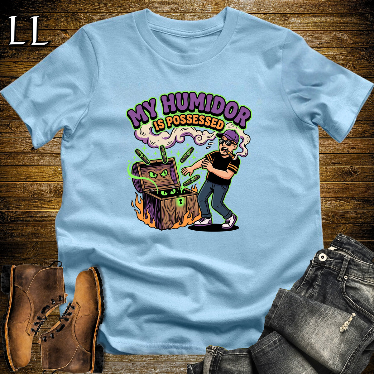 Possessed Humidor Floating Cigars White Man T-Shirt Light Blue | Halloween Cigar Shirt