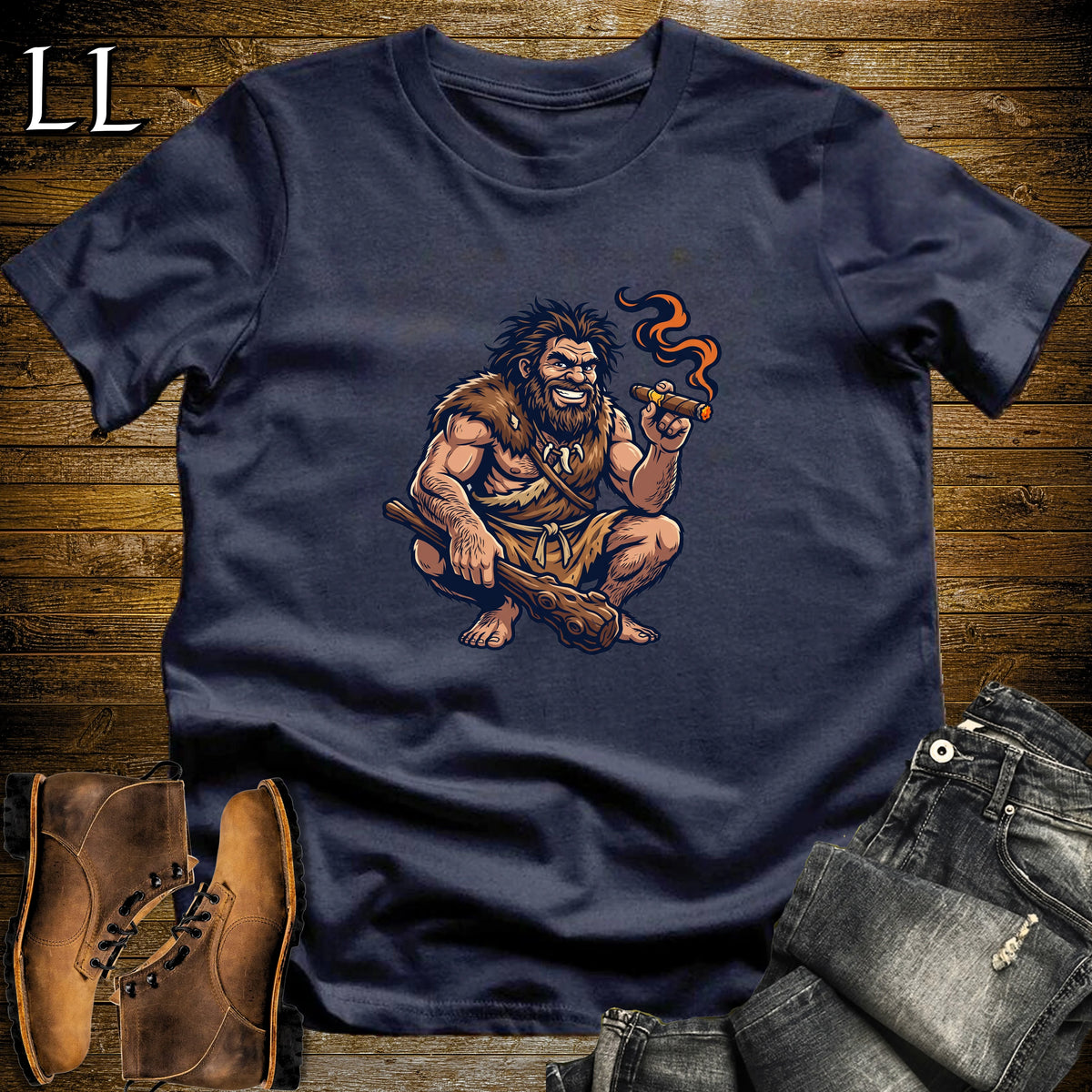 Prehistoric Caveman Cigar T-Shirt Navy | Cigar Lover Shirt