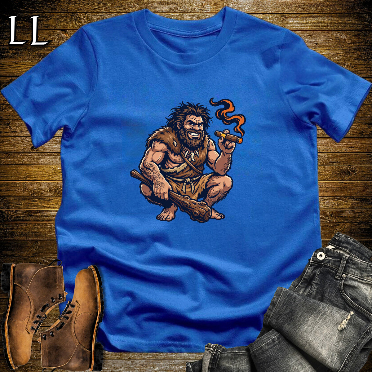 Prehistoric Caveman Cigar T-Shirt Royal | Cigar Lover Shirt